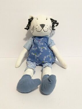Ikea Fabler Katt White Kitty Cat Plush Doll Stuffed Animal w Blue Dress Toy